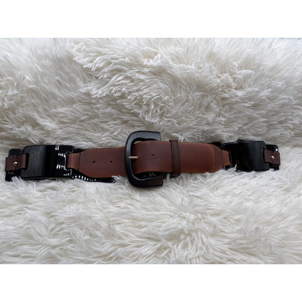 Ann Taylor Brown Leather Black Resin Link Wide Waist Belt Gold Hardware Medium